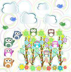 Image showing Card with owls family on branch at day