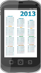 Image showing black smart phone on white background with calendar 2013