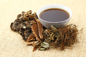 Image showing Herbal drink on the linen table 