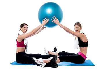 Image showing Fit women practicing with pilates ball