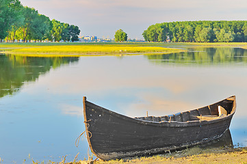 Image showing alone fishing boat on danube river