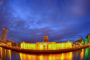 Image showing Custom House on the river Liffey in Dublin fish-eye at night.