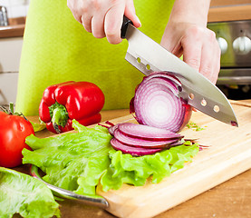 Image showing Woman's hands cutting bulb onion