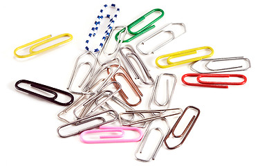 Image showing Different paper clips on white background