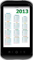 Image showing black smart phone on white background with calendar 2013