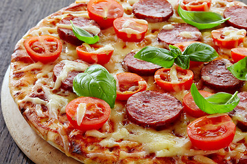Image showing Salami and tomato pizza