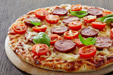 Image showing Salami and tomato pizza