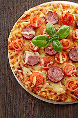 Image showing Salami and tomato pizza