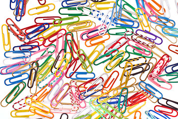 Image showing Different paper clips as background