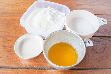 Image showing Set of baking ingredients flour, butter, sugar and milk