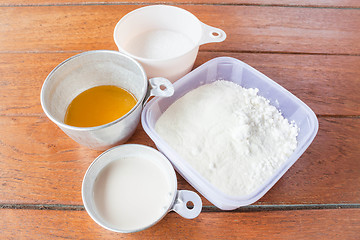 Image showing Set of baking ingredients flour, butter, sugar and milk