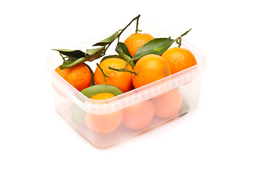 Image showing Ripe tangerines in plastic container