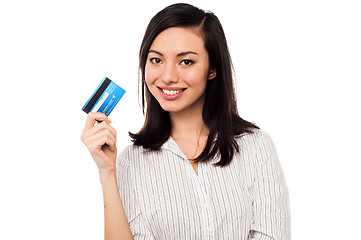 Image showing Attractive model displaying credit card