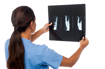 Image showing Female doctor looking at patient's x-ray report