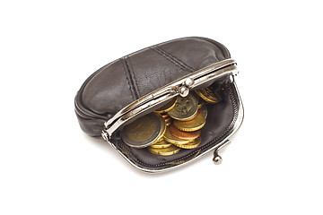 Image showing Black leather purse and several euro coins on white background