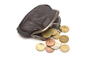 Image showing Black leather purse and several euro coins on white background