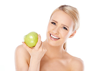 Image showing Adorable and healthy woman holding apple