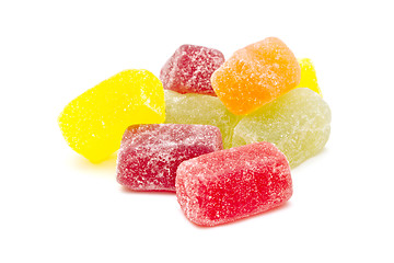 Image showing Different fruit jellies on white background