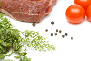 Image showing Piece of beef and vegetables on white