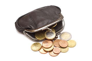 Image showing Black leather purse and several euro coins on white background