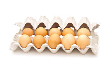 Image showing Brown eggs in a carton package on white background