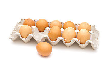 Image showing Brown eggs in a carton package on white background