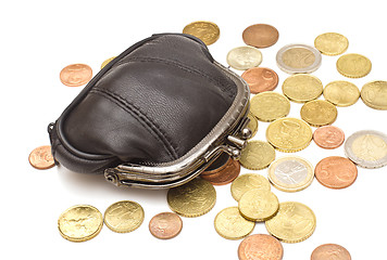 Image showing Black leather purse and several euro coins on white background