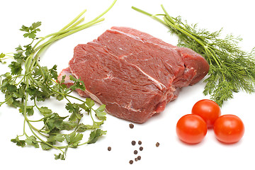 Image showing Piece of beef and vegetables on white