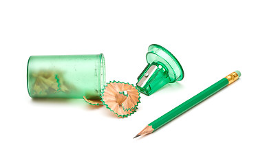 Image showing Green sharpener and pencil on white background.