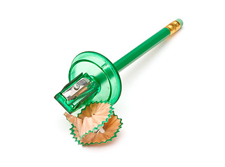 Image showing Green sharpener and pencil on white background.