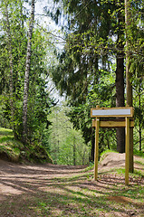Image showing Wooden sign board on the natural trail. In the 
 forest park