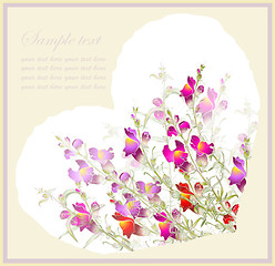 Image showing Greeting card with bouquet a flowers. Decorative heart. 