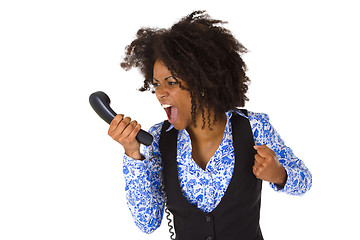 Image showing Angry african american woman with handset