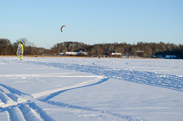 Image showing people kiteboard ice sail frozen lake snow winter 