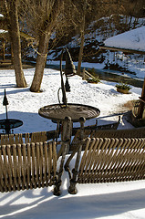 Image showing old design seat table snow restaurant river winter 