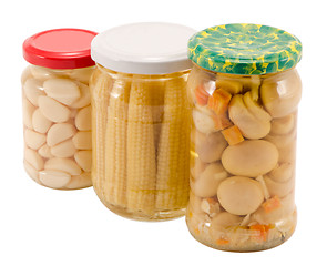 Image showing garlics corns mushrooms preserved glass jar pot 