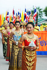 Image showing Women in traditional costumes during a parade in Phuket, Thailan