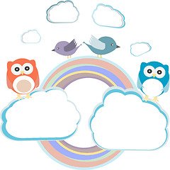 Image showing Background with couple of owls sitting and birds on cloud