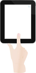 Image showing a male hand holding a touchpad pc, one finger touches the touchpad, isolated on white