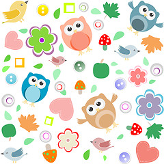 Image showing Seamless background with owls, leafs, mushrooms and flowers