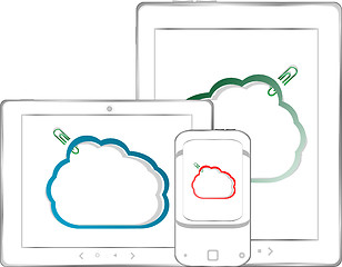 Image showing Set of tablet pc computers and clouds