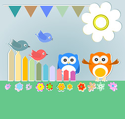 Image showing Background with couple of owls and birds