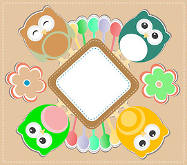 Image showing Template greeting card with owls and flowers, scrap illustration