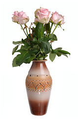 Image showing Bouquet of pink roses in a ceramic vase