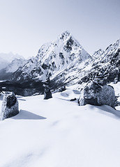 Image showing Cho La pass peaks at dawn in Himalaya mountains