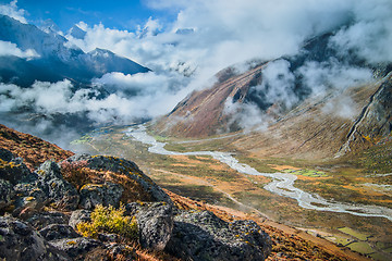 Image showing Autumn in Himalaya: village and river in the valley