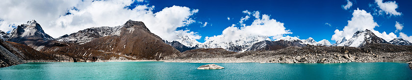 Image showing Himalaya panorama: sacred lake near Gokyo and Everest summit