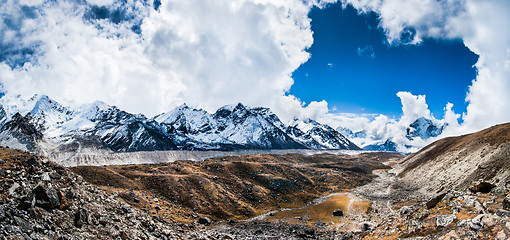 Image showing Panoramic view on the mountain peaks and glacier near Everest ba