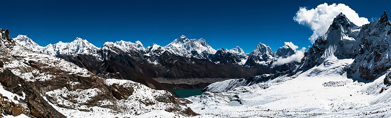 Image showing Panoramic view of Himalaya peaks: Everest, Lhotse, Nuptse and ot