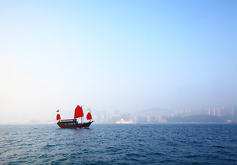 Image showing Sailboat sailing in victoria harbor at Hong Kong